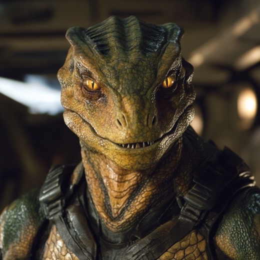 Un Draco : guerrier reptilien aux écailles vert olive et aux yeux jaunes, en armure sombre, le regard menaçant.